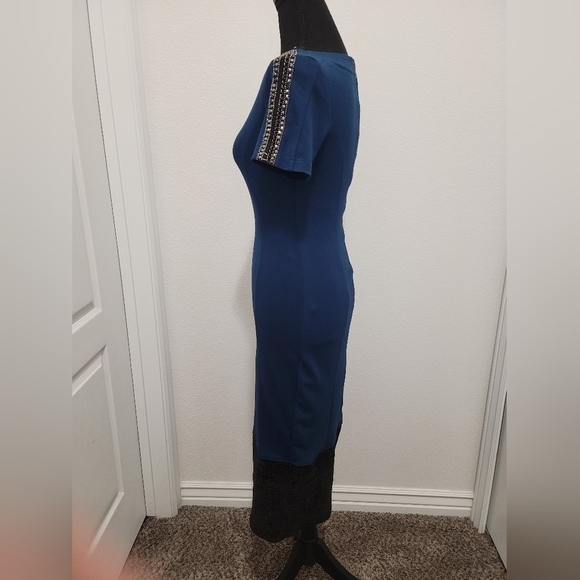 La Chocolê Bodycon Beaded Sequence Blue Midi Dress - Picture 3 of 16